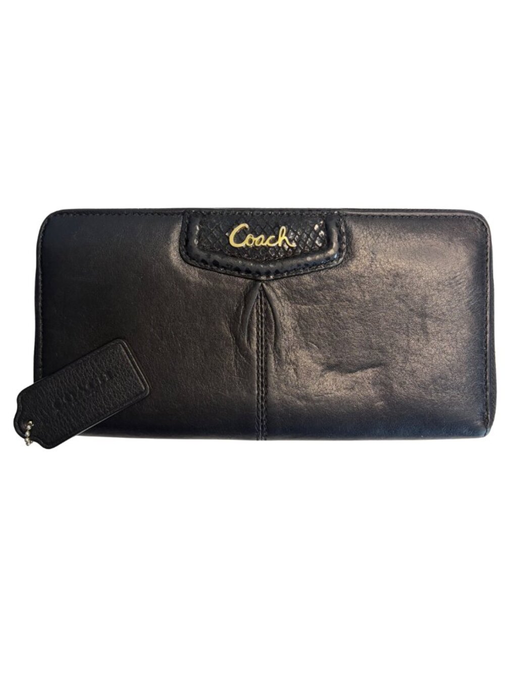Coach Black Leather Zip Around Wallet Gold Tone Logo Hangtag